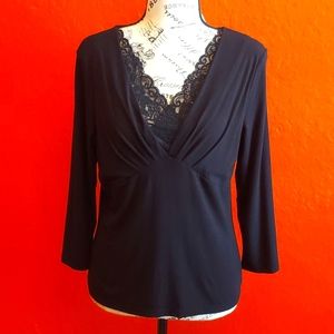 Alfani Black 3/4 Sleeve Blouse with Lace Neckline Size S/P